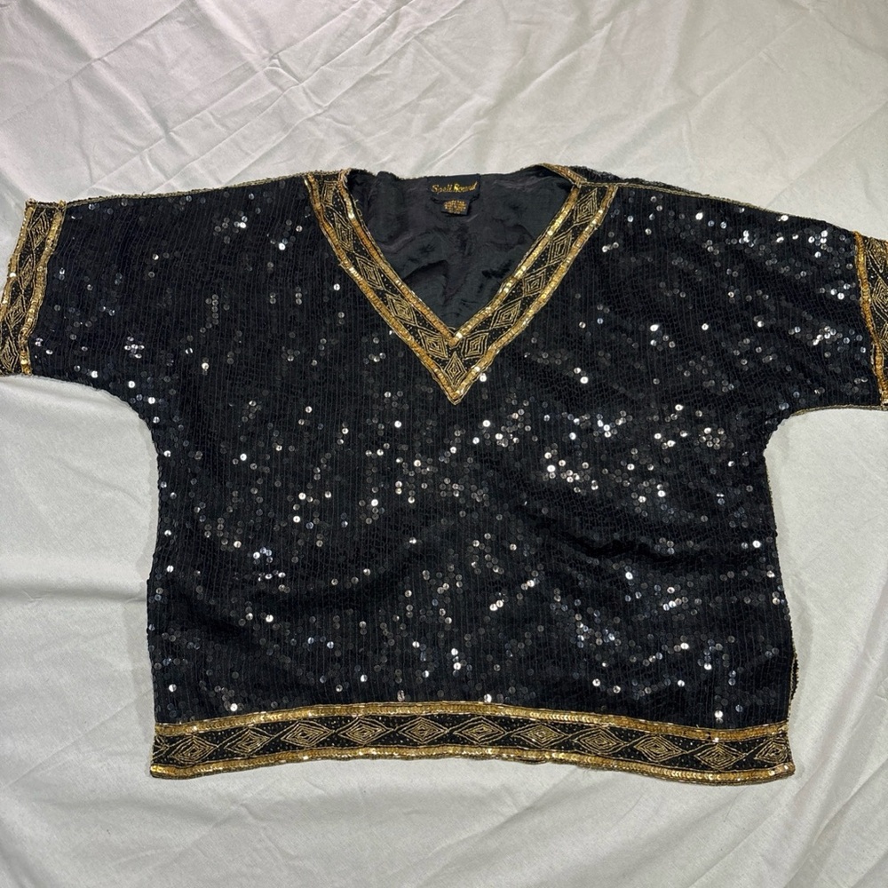 Women XL 18/20 Spell Bound Black Gold Sequin Pure Silk Short Sleeve Vintage